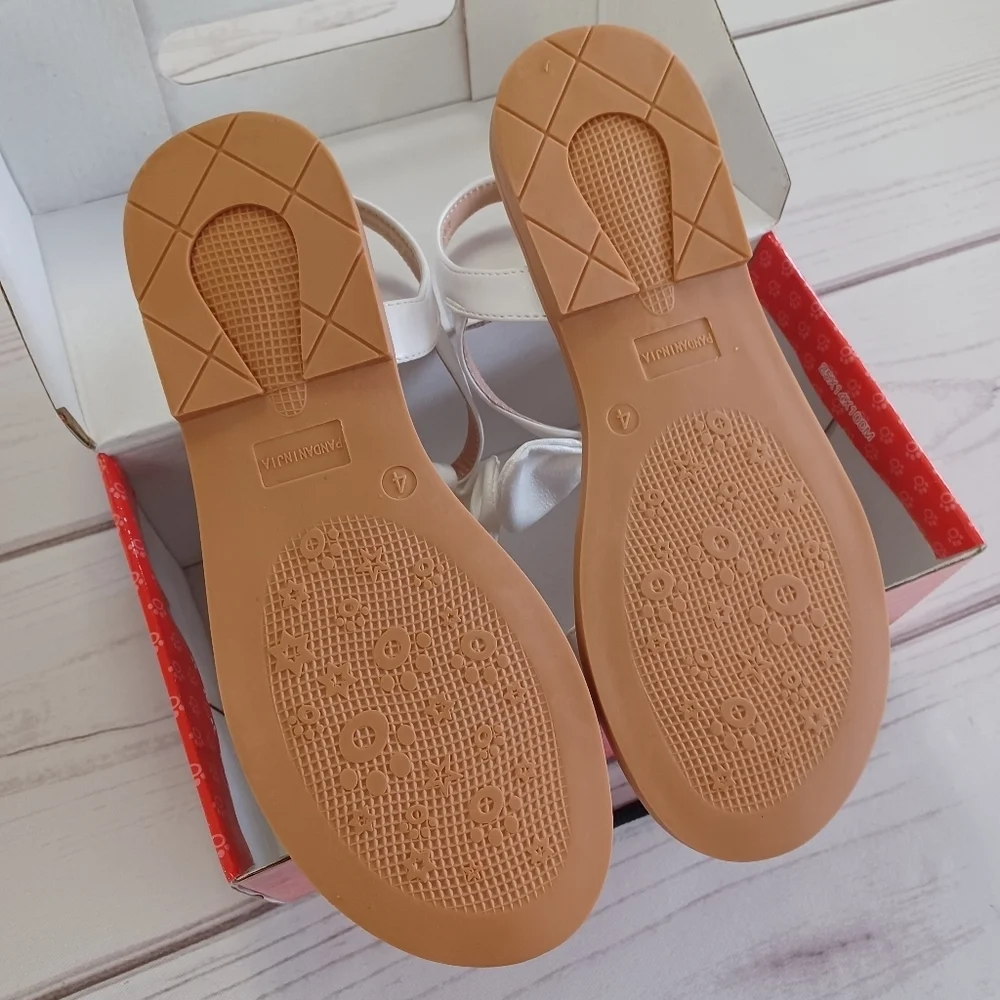 PANDANINJA Ella Big Kids Girls White Size 4 Bow Dressy Neutral Sandal Shoes NWT
